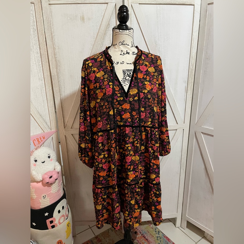SCOOP BRIGHT FLORAL PEASANT DRESS w/VELVET TRIM EUC XXXL(22)